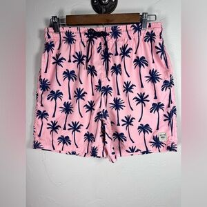 Spicy‎ Tuna Men's Swim Shorts in Pink with Navy Palm Trees Size Medium